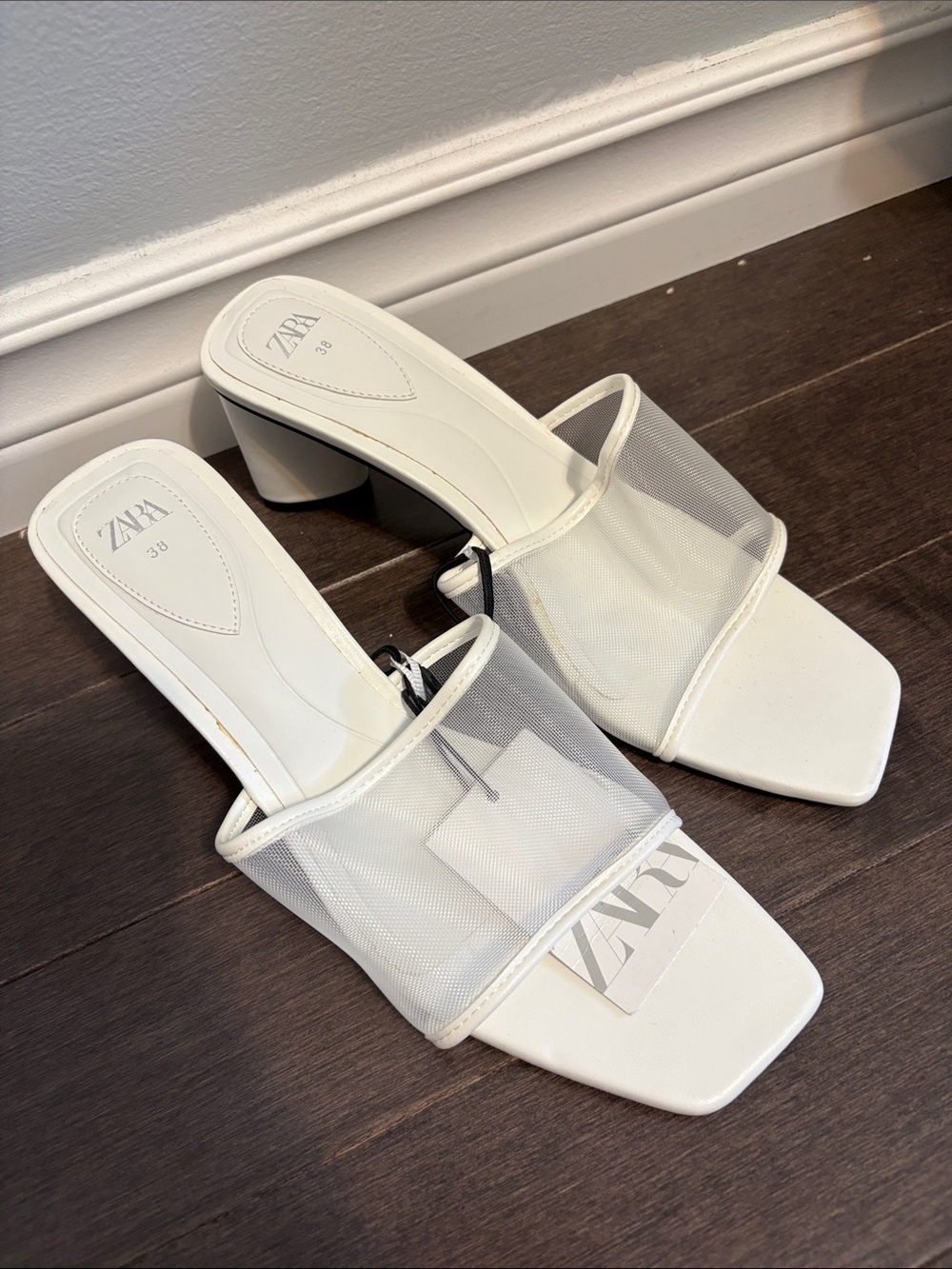 ZARA White Mesh Slide Mules with Block Heel